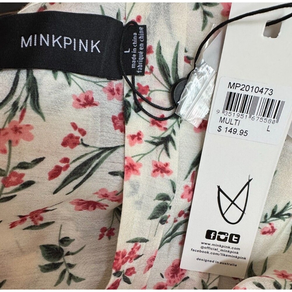 NWT Minkpink Women's Pink Floral Dress Sz L Balloon Sleeves Tie Belt Cottagecore - Picture 7 of 14